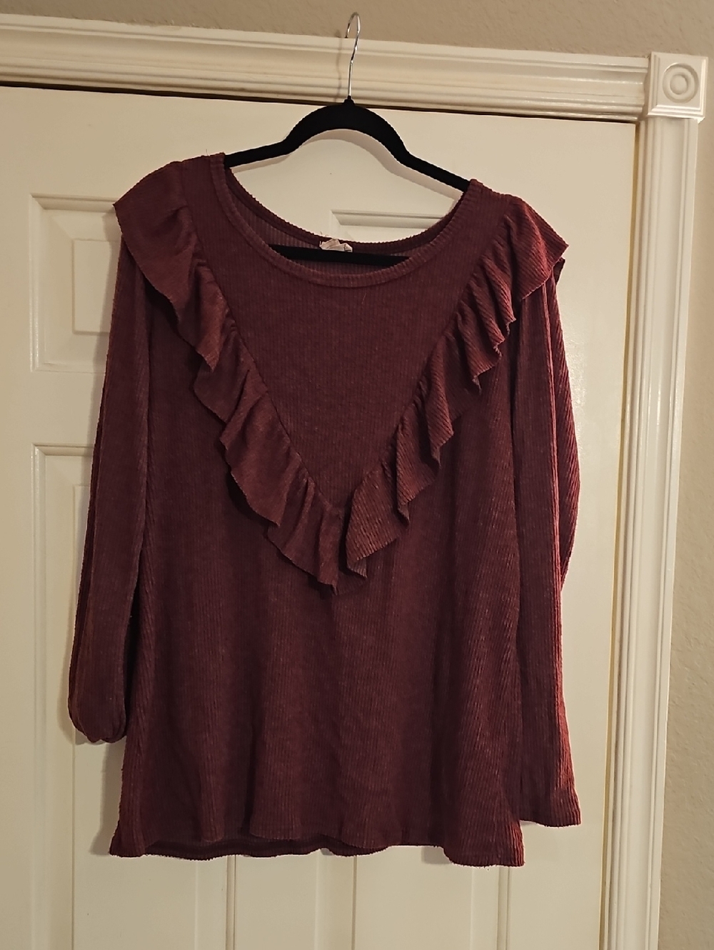 Lovely Melody Mauve Ruffle V-Yoke Ribbed Long Sleeve Top